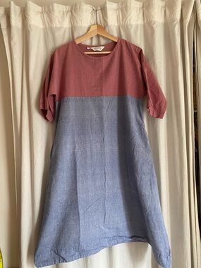 Two-Tone Linen Blend Dress - Mauve Top & Chambray Blue Skirt